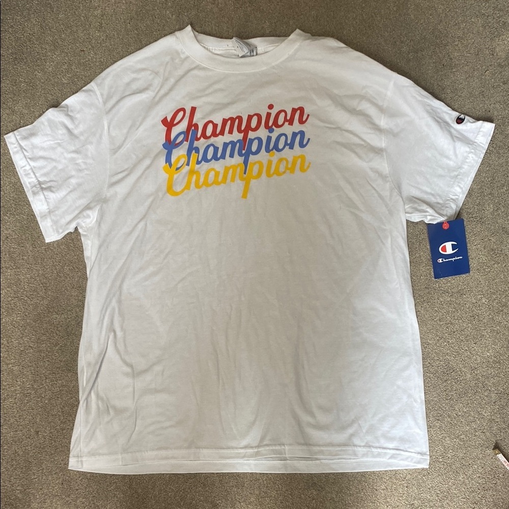 Champion White Multicolor Logo Short Sleeve T Shirt Size M & L